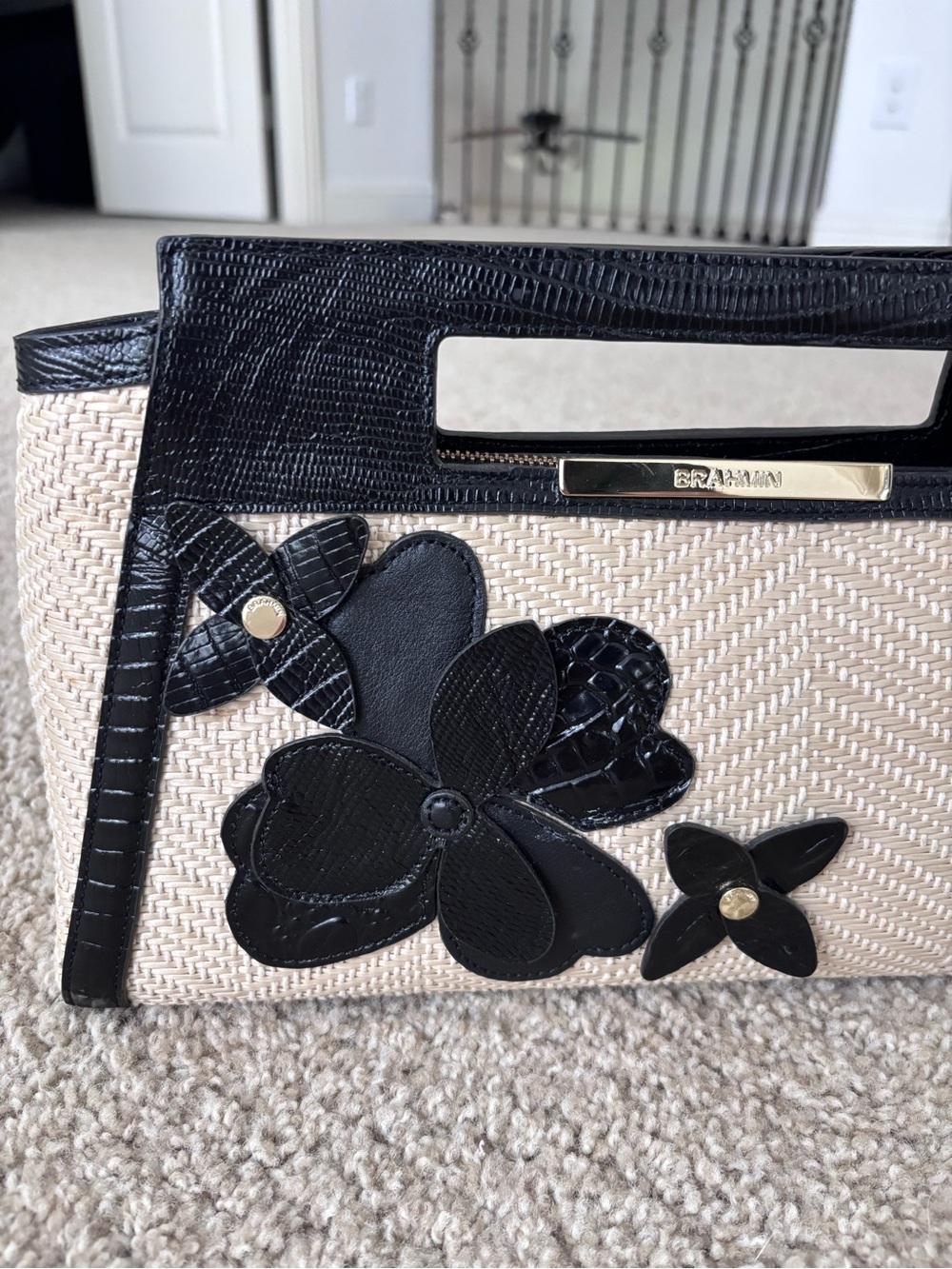 Brahmin Raffia Lenox Clutch Bag with Black 3D Floral